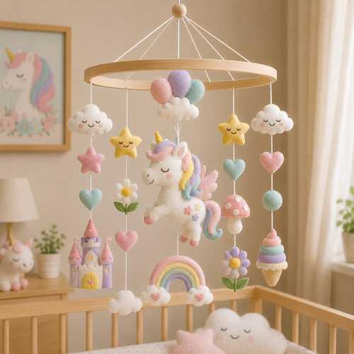 Personalized Felt Unicorn Baby Mobile, Handmade Crib Mobile, Pastel Rainbow Nursery Decor, Baby Girl Nursery Decor Gift