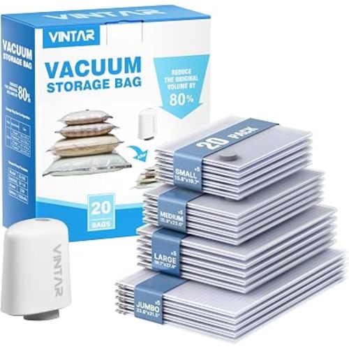 VINTAR 20Pack Space Saver Vacuum Storage Bags for Travel with Cordless Pump