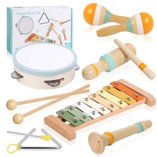 Baby Musical Instruments - Wooden Montessori Toys for Toddlers 1-3, Baby Musical Toys Percussion Instruments Set with Xylophone Tambourine, Neutral Preschool Educational Baby Toys for Boy Girls Gifts