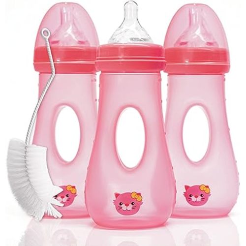 Avima Easy Grip Anti Colic Baby Bottles, BPA Free, 8 oz. Wide Neck w/Medium Flow Silicone Nipples & Bottle Brush Pink Set (Pack of 3)