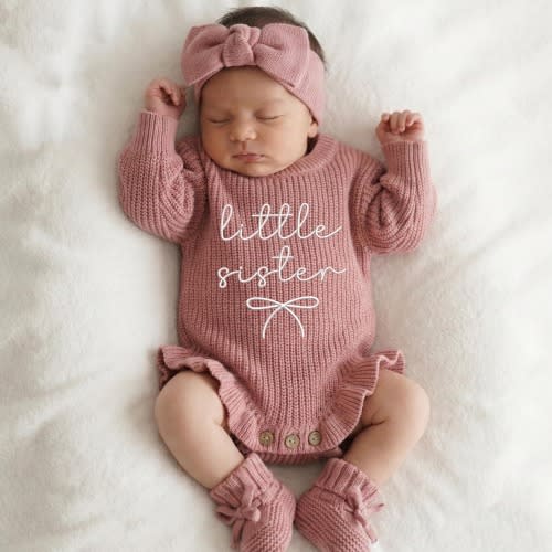 Embroidered Little Sister Knit Ruffles Romper, Cute Lil Sister Baby Bodysuit, Lil Sis Coquette Bow Knitted Set, Baby Girl Shower Gift