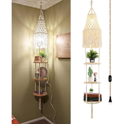 Boho Plug in Pendant Light,Hanging Light with Plug in Cord,Hanging Lamp Macrame Lamp Shade,Dimmable Switch,3 Tier Hanging Plant Shelf Shelves Bohemian Decor for Bedroom Living Room Corner