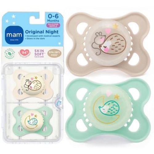 MAM Glow In The Dark Night Pacifier 0-6m - 2pk - Unisex: Silicone, BPA-Free, Phthalate-Free