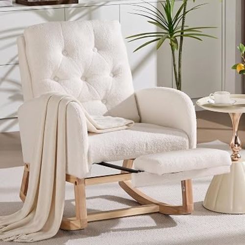 Nursery Rocking Chair, Teddy Upholstered Glider Rocker with Adjustable Footrest, Button Tufted Glider Recliner with Side Pocket & High Back, Accent Chair for Living Room (White Teddy)