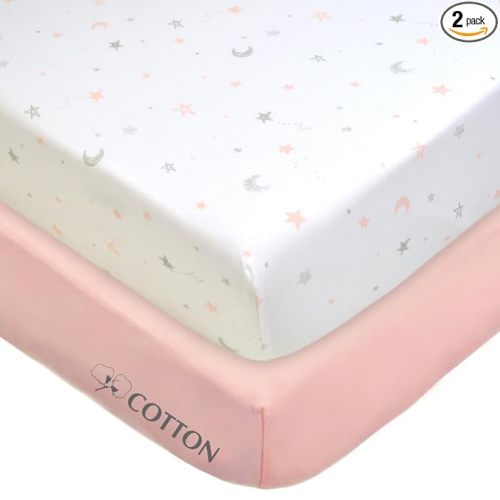 American Baby Company 2 Pack 100% Natural Cotton Fitted Crib Sheets 52" x 28" - Soft, Breathable, Hypoallergenic & Gentle Toddler Bed Sheets, Pink Stars and Blush, Neutral for Boys & Girls