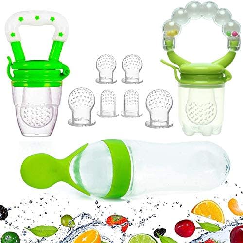 Gedebey Baby Food Feeder, Pacifier Fruit- Fresh Silicone Bottle Squeeze Spoon Frozen Fruit Pacifiers Nibbler Cover Newborn with Meshes Sizes for Baby Food Spoon (Green)