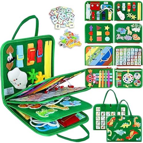 Esjay Toddler Busy Board Montessori Toys for Boys and Girls, Sensory Board Educational Activities for Learning Fine Motor Skills, Birthday Gifts Toddlers, Travel Toys for Airplane Car, Green Dinosaur