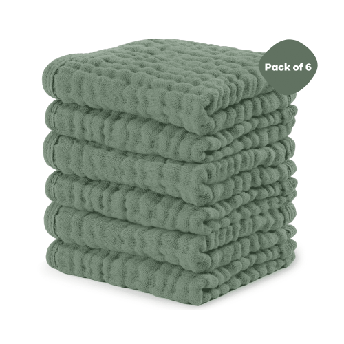 Comfy Cubs Baby Washcloths, Muslin Cotton Baby Towels, Large 10”x10” Wash Cloths (Fern, Pack of 6)