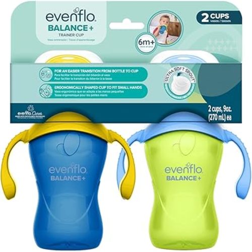 Evenflo Balance+ Trainer Cups for Babies 6+ Months, Blue and Green, 9oz, 2 Pack, Ergonomic Design with Ultra Soft Spout