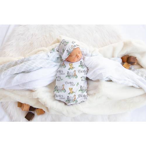 Safari Swaddle Set, Safari Swaddle Blanket, Personalized Baby Blanket, Safari Nursery Theme, Newborn Blanket, Lion, Elephant, Giraffe S1
