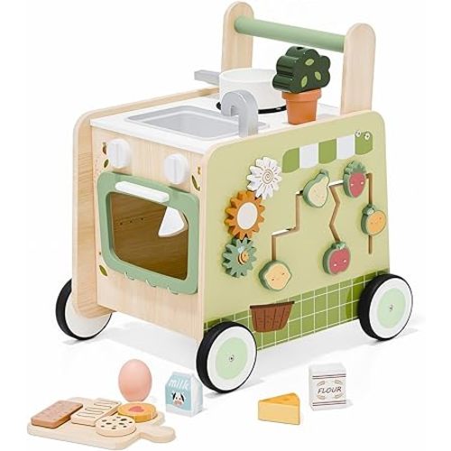 Baby Push Walker -Wooden Push Walker Montessori Toy- Toddler Learning Activity Walker for Girls Boys 1-3 Years - Pretend Kitchen Playset Ideal for Toddlers（Green ）