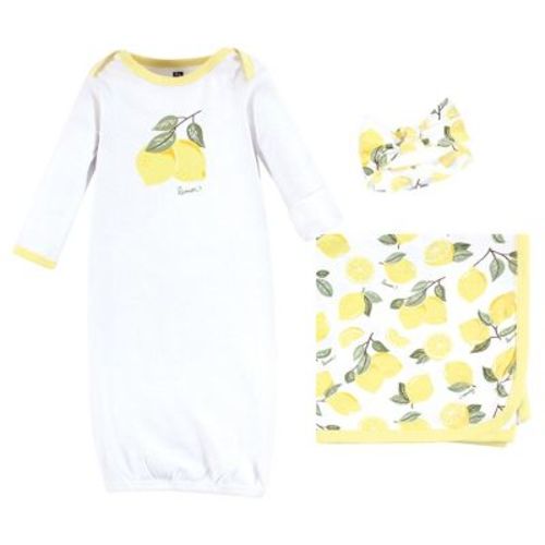 Hudson Baby Infant Girl Gown, Swaddle Blanket and Cap or Headband, Lemons, 0-6 Months
