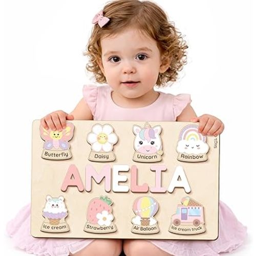 Personalized Name Puzzle for Girls 1-3, Custom Wooden Baby Girl Name Puzzle, Personalized 1st Birthday for Toddler Girls, Handmade Learning Toy, CPC Certified