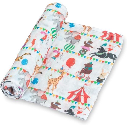 LollyBanks Muslin Swaddle Blankets, 100% Organic Cotton Baby Swaddle | 47" x 47", Lightweight Baby Blanket, Soft Newborn Swaddle Blanket for Stroller, Nursery, Boys & Girls (Circus Print)