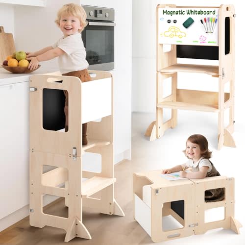 SeLucky 4-in-1 Toddler Kitchen Step Stool, Learning Standing Tower with Chalkboard and Whiteboard, Wooden Kitchen Stool Helper for Kids, 1-3 Year Old Boy Girl Gifts