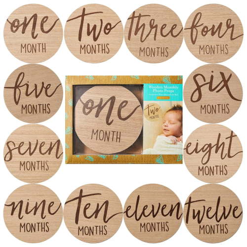 LQSEO Baby Monthly Milestone Marker Discs Classic Cursive Script Wooden Discs Reversible Photo Props Baby Announcement Milestones Gender-Neutral Gift Newborn Boy Girl 12 Month Set