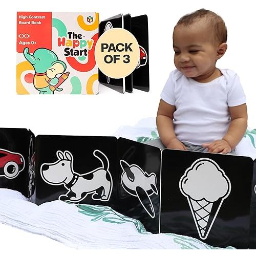 Happy Start Award-Winning High Contrast Board Book - Newborn Black & White Baby Cards, Easy to Clean, Hospital Approved, Stands on Its Own, Tummy Time Toy, Ages 0+ (English - Pack of 3)