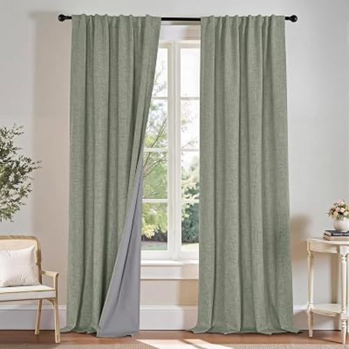 PONY DANCE Linen 100% Blackout Curtains 96 inches Long for Bedroom Living Room Darkening Full Black Out Rod Pocket Back Tab Textured Thermal Insulated Window Curtain Drapes,2 Panels Set,Sage Green