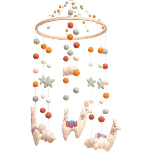 Glaciart One Llama Nursery Mobile - Colorful Decor for Crib, Baby Rooms - Handmade, Child-Safe Wood, Felt Wool & Cotton - Woodland Themed Decoration for Girls & Boys - 10x20Inch, 50Inch Hanging String