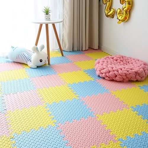 Foam Play Mat for Baby, 0.4 Inch Thick Foam Interlocking Floor Mats, Soft Non-Toxic Baby Playmat, Solid Colored Puzzle Play Mat Kids Floor Mats, 16 Tiles, Loli Pink/Light Blue/Yellow