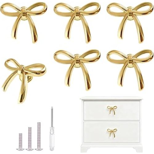 Gold Cabinet Knobs, Brushed Bow Drawer Pulls, Gold Knobs for Dresser Drawer Cupboard Furniture Closet Wardrobe Door Knobs Handles (Bow Shape- 6 Pack)