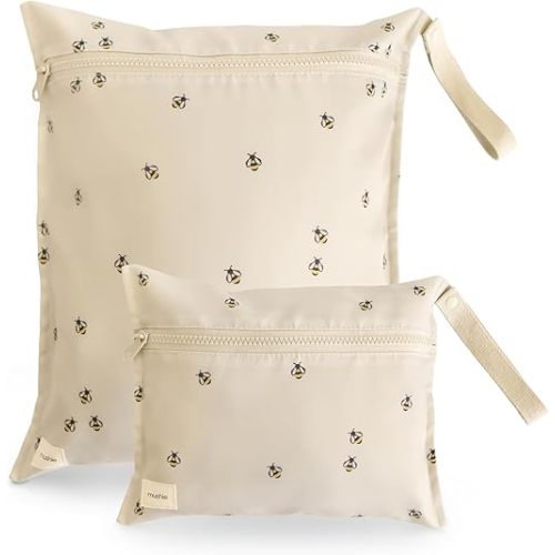 mushie Water Resistant Wet Bags | Large & Small Reusable Storage Bag for Baby Items and Travel | Zippered Pockets with Handle | Machine Washable, Set of 2 (Bees)