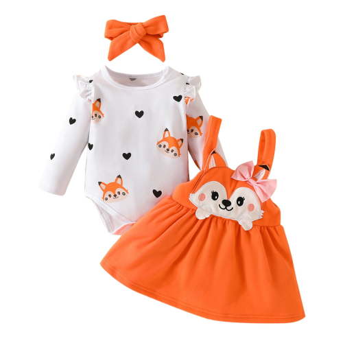 Bnwani Baby Girl Bodysuits Cotton 3 Piece Winter Cotton Warm Fox Print Long Sleeve Skirt Set and Headband Size Preemie-18 Months