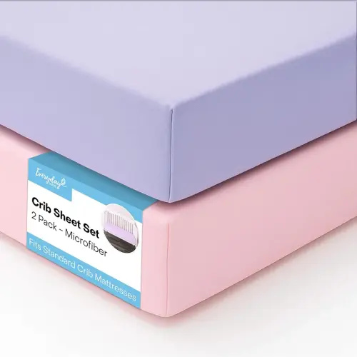 Everyday Kids 2-Pack Fitted Crib Sheets, 100% Soft Breathable Microfiber Baby Sheet, Fits Standard Size Mattress 28in x 52in, Lavender, Pink Nursery Sheet