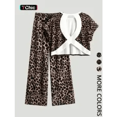 Women's Leopard Print Casual Loungewear Nightwear Homewear Pajamas Two-Piece Set, Round Neck Short Sleeve Backless Top & Lounge Long Pants, Comfortable Wear - TikTok Shop