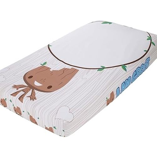 NoJo Marvel Guardians of The Galaxy White, Tan, Blue, and Green, I Am Groot Photo Op Nursery Fitted Crib Sheet