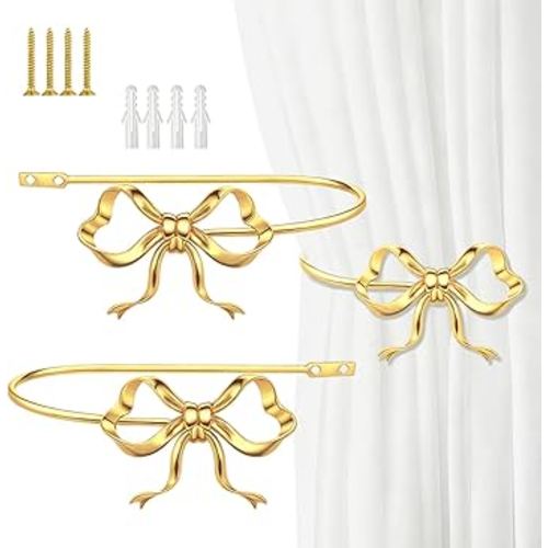2 Pack Metal Bow Curtain Holdbacks Gold Wall Mounted Curtain Hold Backs Curtains Modern Tiebacks Decorative Window Drapery Tiebacks with Bow Finials for Living Room Bedroom Office Home