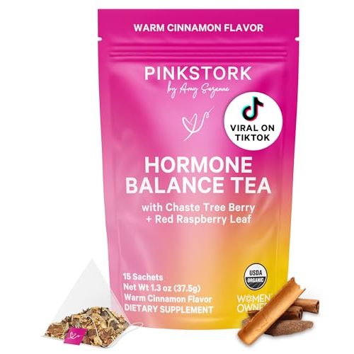 Pink Stork Hormone Balance Tea for Women – Red Raspberry Leaf & Chasteberry (Vitex) – Organic Herbal Tea for PMS, Menstrual Cycle & Perimenopause Support – Caffeine-Free Cinnamon Blend – 30 Cups