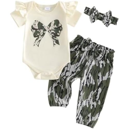 Newborn Girl Hunting Clothes Camo Baby Girl Outfit Short Sleeve Bow Romper Camouflage Pants With Headband Sets