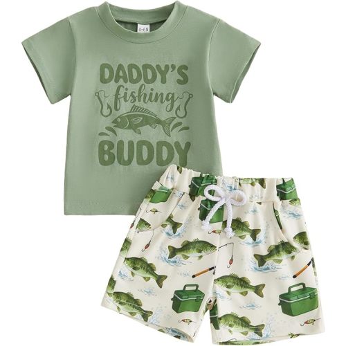 Sasaerucure Toddler Baby Boy Summer Clothes Fishing Buddy Print Short Sleeve Shirt and Printed Shorts Two Piece Set