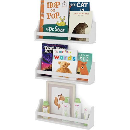 Nursery Décor Wall Shelves – 3 Set Shelf - Crown Molding Floating Bookshelves for Baby and Kids Room Book Organizer Storage Ledge, Display Holder for Toys, CDs, Baby Monitor, Frames