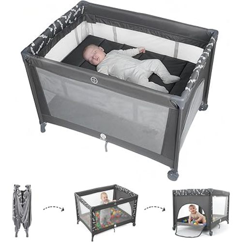 Pack n Play, Baby Bassinet with Wheels, Folable Baby Playard for Travel ， Quick to Fold Bedside Bassinet, Pack and Play with Comfortable Mattress & Compact Space Saving Design, Grey