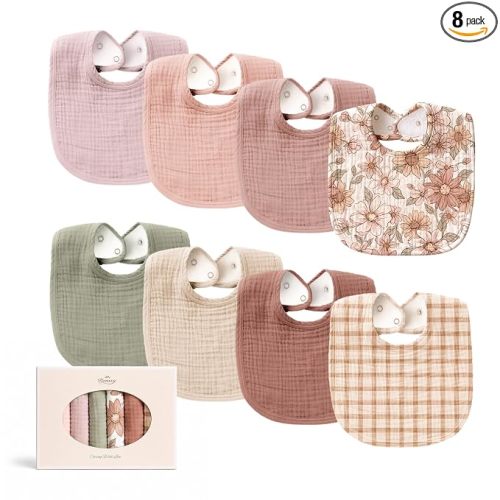 Konssy 8-Pack Muslin Baby Bibs, Adjustable Fit for Drooling and Teething