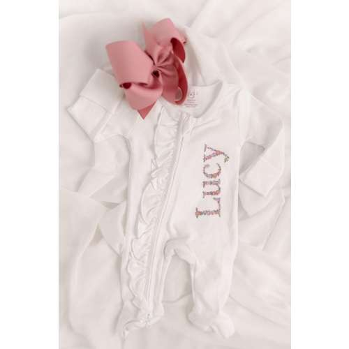 Baby girl coming home outfit, newborn coming home outfit, floral name baby outfit, baby shower gift for girl, mauve/sage zip.
