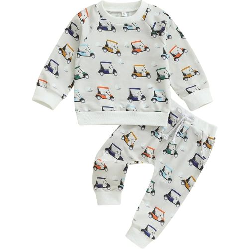 Toddler Baby Boy Golf Outfit Golf Cart Print Sweatshirt Top Jogger Pants Set 2Pcs Boys Fall Winter Clothes