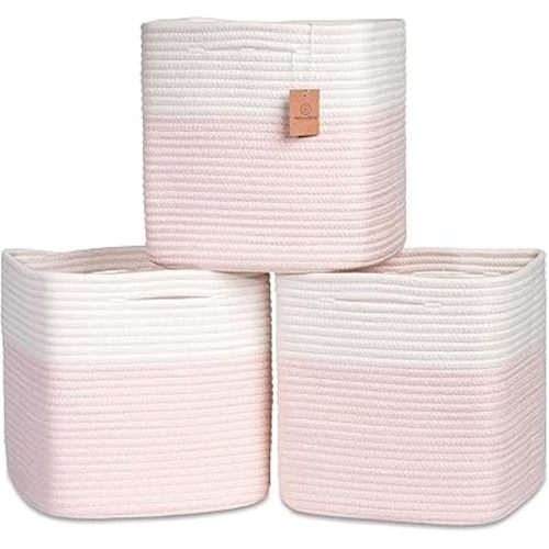 13 Inch Cube Storage Bins Cotton Rope Woven Baskets for Organizing 3-Pack | 13 x 13 Storage Cubes | Fabric Square Storage Baskets for Shelves Organizer, Kids Toy Bins, Closet Baby Nursery