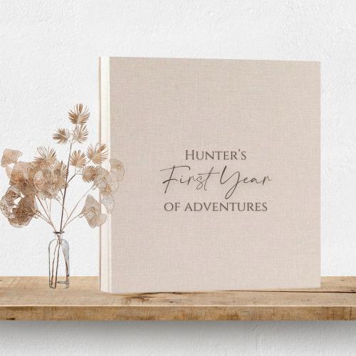 Personalised Linen Baby Photo Album, Custom First Year and Newborn Memory Book