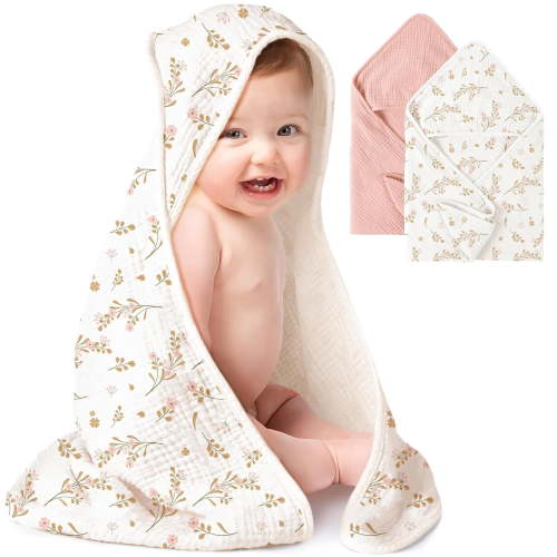 AUQ 2-Pack Muslin Hooded Baby Towels, 100% Cotton, Ultra-Soft & Absorbent Baby Bath Towels with Hood for Newborn & Infant (Pink, Floral,32" x 32")