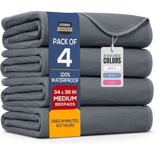 Utopia Bedding Washable Underpads 34" x 36" (Pack of 4), Waterproof Reusable Heavy Absorbency Incontinence Bed Pads for Adults, Kids, Elderly and Pets, Bedwetting Pads for Sofa and Couch (Grey)