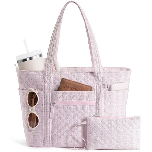 Bagstellar Quilted Tote Bag for Women Puffer Teacher Nurse Cotton Work Tote | Lightweight Travel Tote Bag w/ Zipper, 40oz Cup Holder, 14”Laptop Computer Purse Carry On Shoulder Handbag for Nursing School