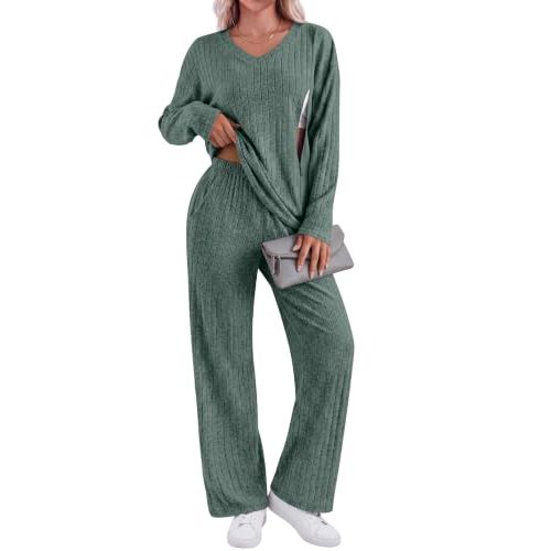 Huukeay 2 Piece Postpartum Nursing Sets | Nursing Lounge Set, Postpartum Ribbed Outfit, Women Breastfeeding Matching Set, Long Sleeve, Hidden Zipper, V Neck, New Moms