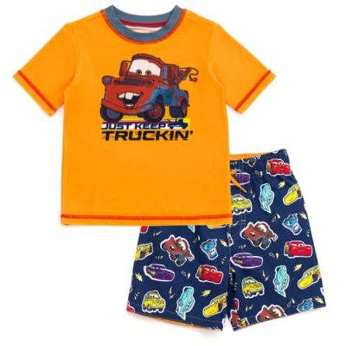 Disney Cars Mater Toddler Boys UPF 50+ Rash Guard and Swim Trunks Outfit Set Orange / Navy Mater 5T