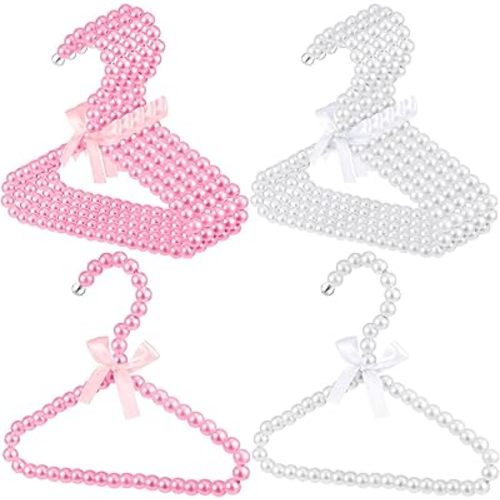 Wesiti 10 Pcs Small Pearl Hanger Mini Pearl Metal Elegant Clothes Hangers with Ribbon for Women Dog Cat (Pink,White)