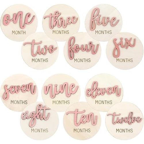 6 PCS Baby Monthly Milestone Cards, Double Sided Wooden 3D Milestone Cards Signs for Photos Announcement Sign 1-12 Months Photography Photo Newborn Keepsake Gift(Pink)