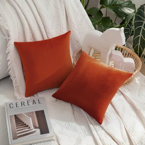 MIULEE Pack of 2 Burnt Orange Velvet Throw Pillow Covers 12x12 Inch Soft Solid Fall Decorative Square Set Autumn Cushion Case Home Decor for Couch Sofa Bedroom