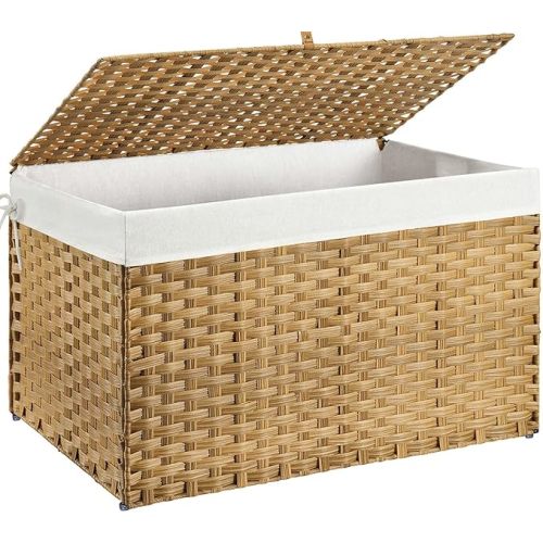 GREENSTELL Storage Basket with Lid, 42.3 Gallon(160L) Lagre Wicker Blanket Storage Basket with Handles, Foldable, 2 Removable Liner Bags, Metal Frame, for Bedroom, Laundry Room, Brown,30"*18.1"*18.1"
